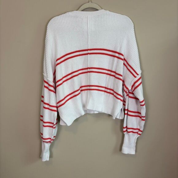 Aerie White Ribbed with Red Striped U Neck Pullover Sweater Size Medium - Picture 2 of 7